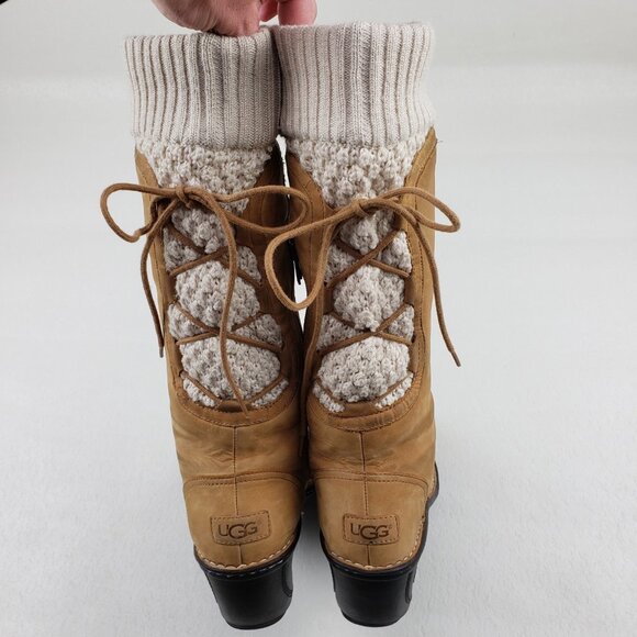 Ugg Skylair Knit Wedge Tall Boot Womens 9 Brown Leather Lace Up Side Zip Lined - Picture 9 of 16